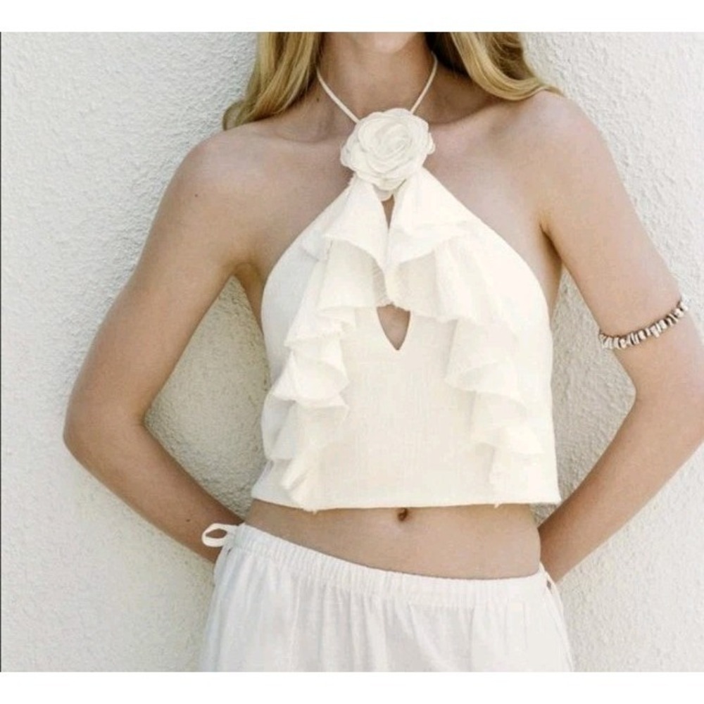 Zara Flower Ruffle Linen/Cotton Blend Gauze Top Ivory Size XL NWT